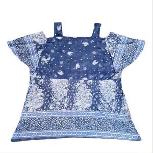 EC AVENUE BLUE PAISLEY COLD SHOULDER SHORT SLEEVE BLOUSE SZ. 26/28